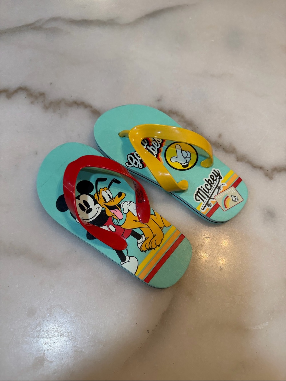 Disney Kids Mickey & Pluto Aqua Flip Flops with Red and Yellow Straps